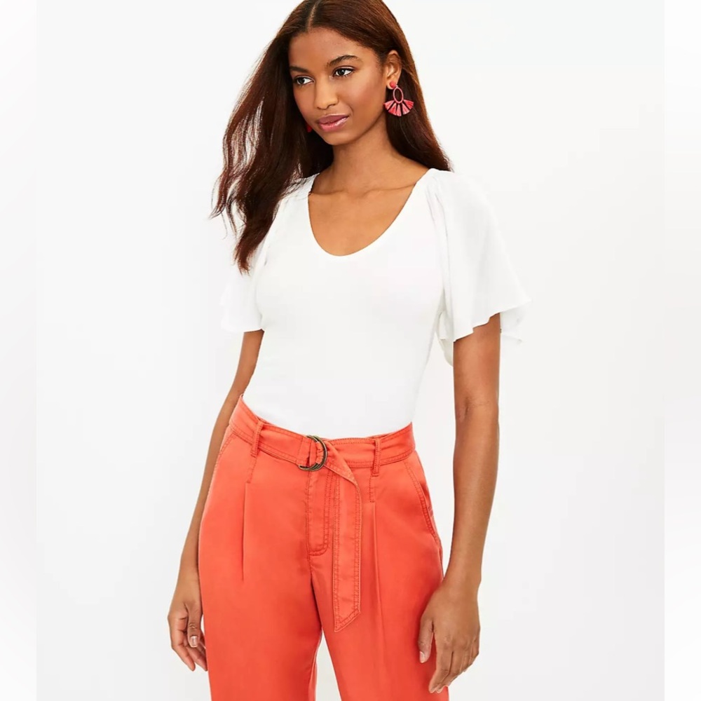 LOFT NWT Ribbed Flutter Sleeve Mixed Media Top - Cream